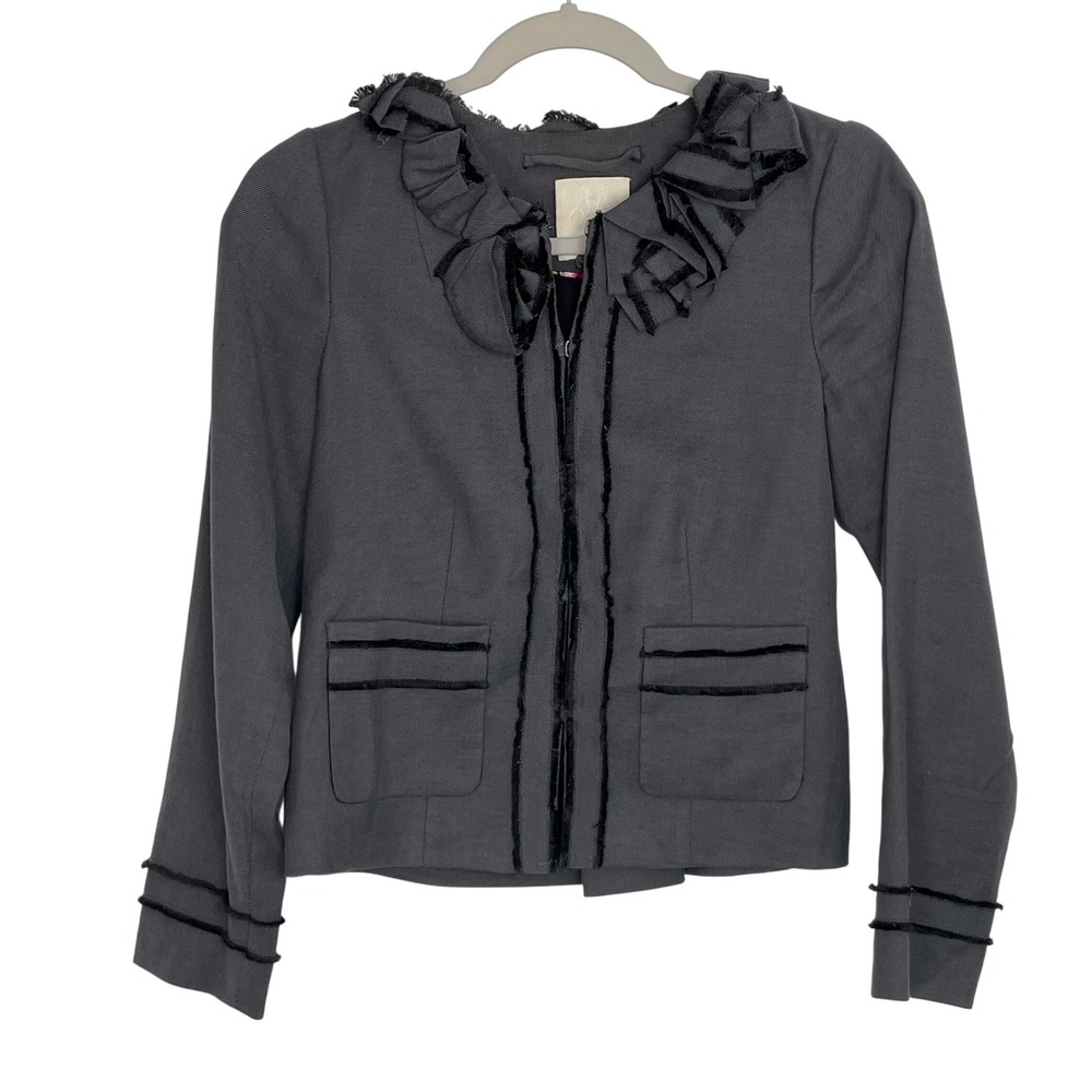 Rebecca Taylor Women's Gray Ruffle Edwardian Boss Babe Office Blazer Size 2